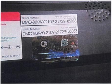 Serial number with the letters “WY” as the seventh and eighth letter appears on a label on the underside of the recalled e-scooter.