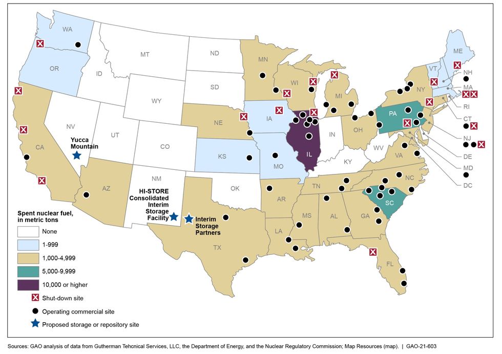 A map of the United States showing spent nuclear fuel storage locations.