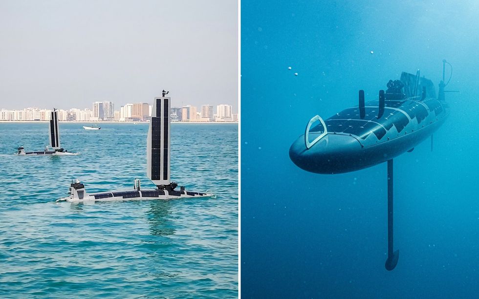 A pair of photographs shows an oblong, gray-and-black sea vessel cruising underwater and also sailing on the surface. 