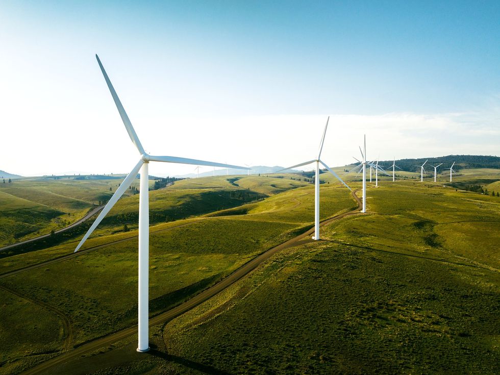 an aeriel view of numerous wind turbines in a line on a green rolling hills