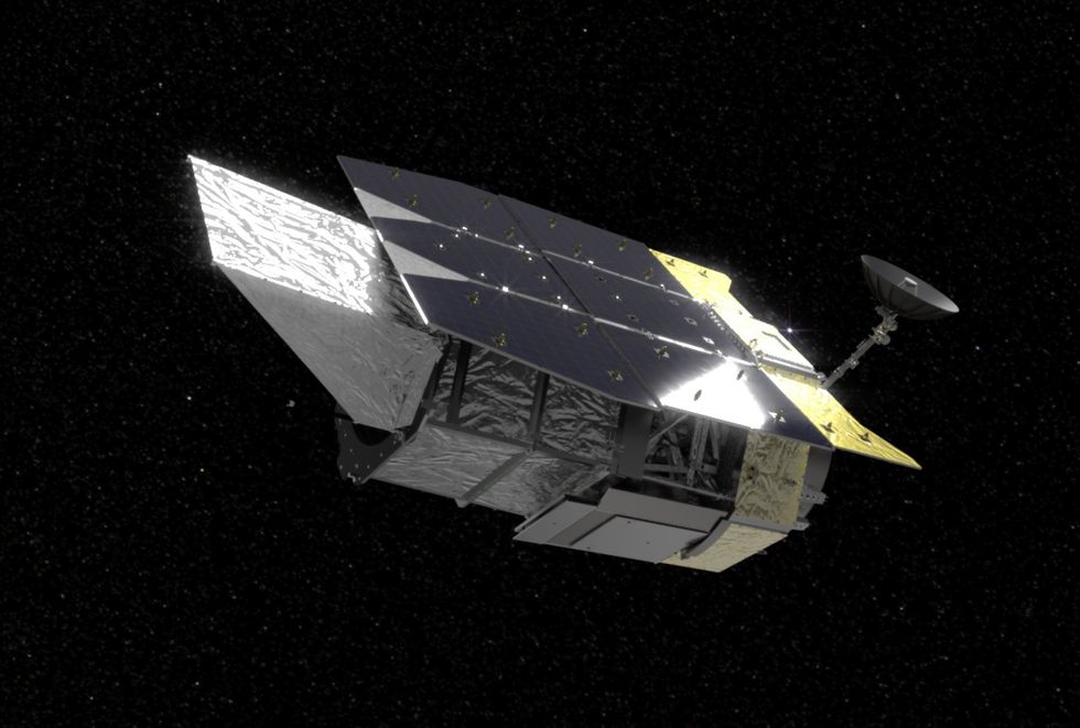 Artistu2019s rendering of a generally hexagonal spacecraft with shiny flat panels on one side and an antenna at one end. 