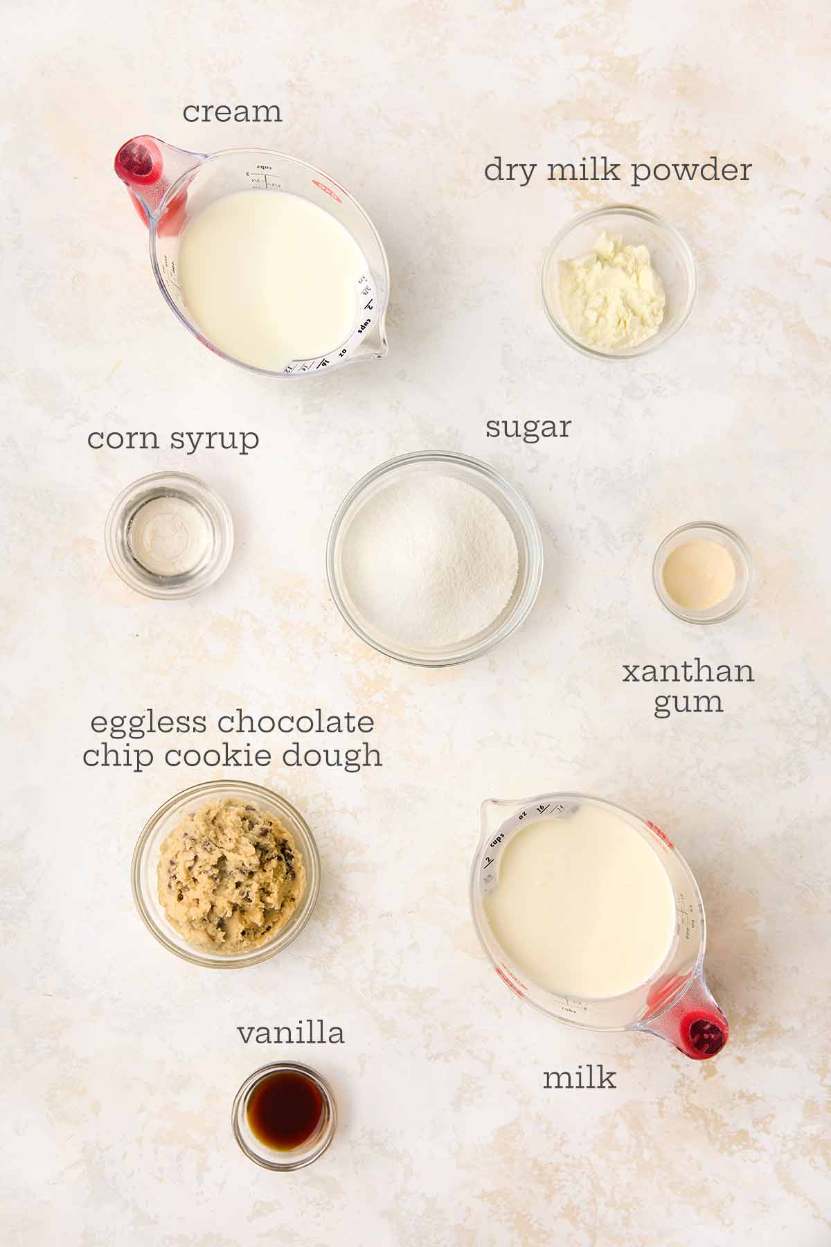 Ingredients for chocolate chip cookie dough ice cream--cream, milk powder, corn syrup, sugar, ccokie dough, xanthan gum, vanilla, and milk.