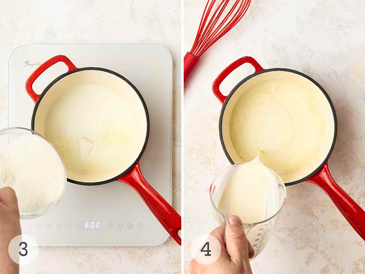 Dry ingredients being added to milk in a saucepan; cream being poured into the same pot.