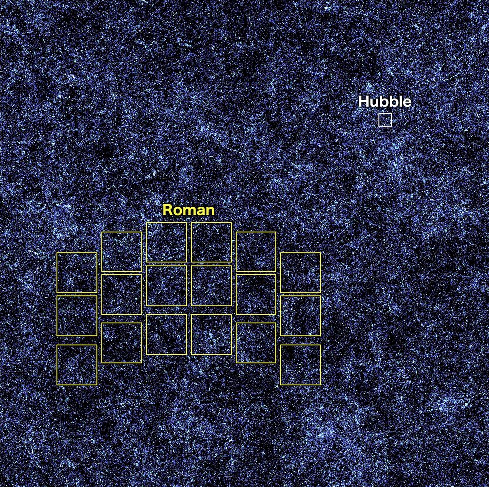 Image of a starry sky overlaid with a series of yellow rectangles and one white smaller white rectangle.