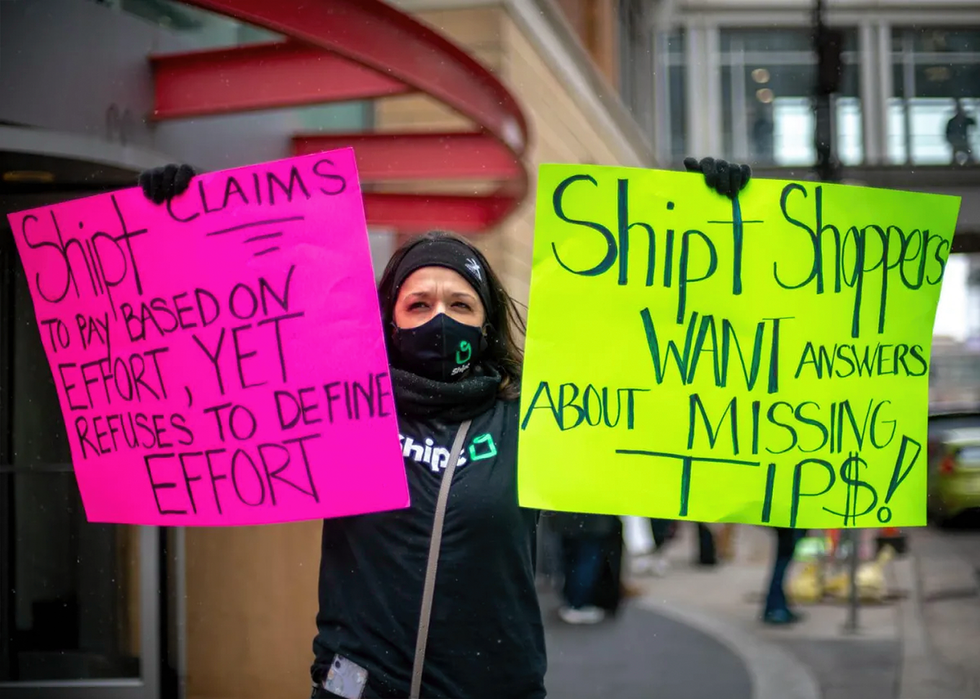 Two photographs show protesters gathered in front of a Target store with signs bearing messages about Shiptu2019s treatment of its workers.