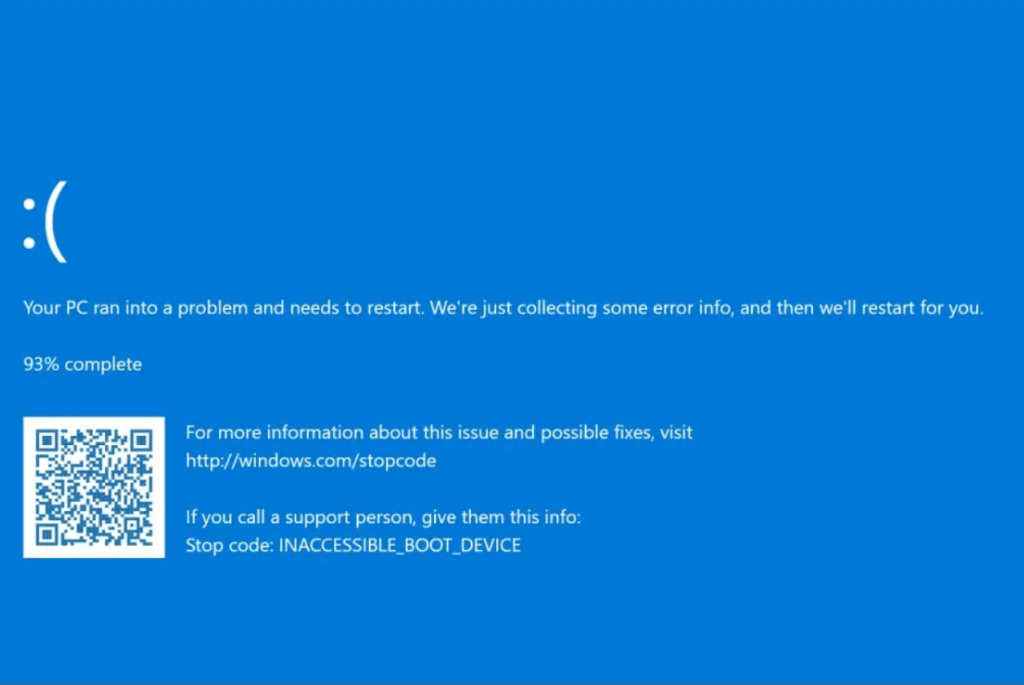 windows blue screen of death for inaccessible boot device error