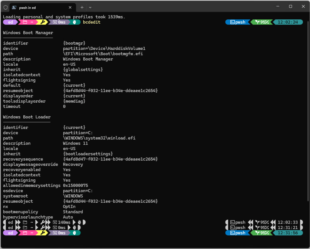 bcdedit command results