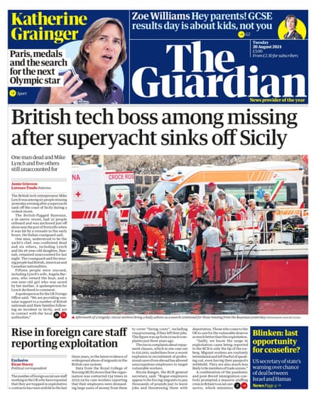 Guardian front page, Tuesday 20 August 2024