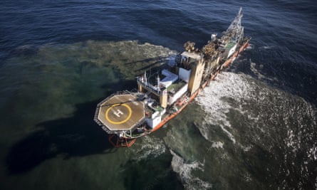 A diamond mining vessel, operated by Debmarine Namibia, a joint venture between De Beers and the Namibian government, searches for diamonds using a ‘crawler’ tractor to suck up sediment from the seabed