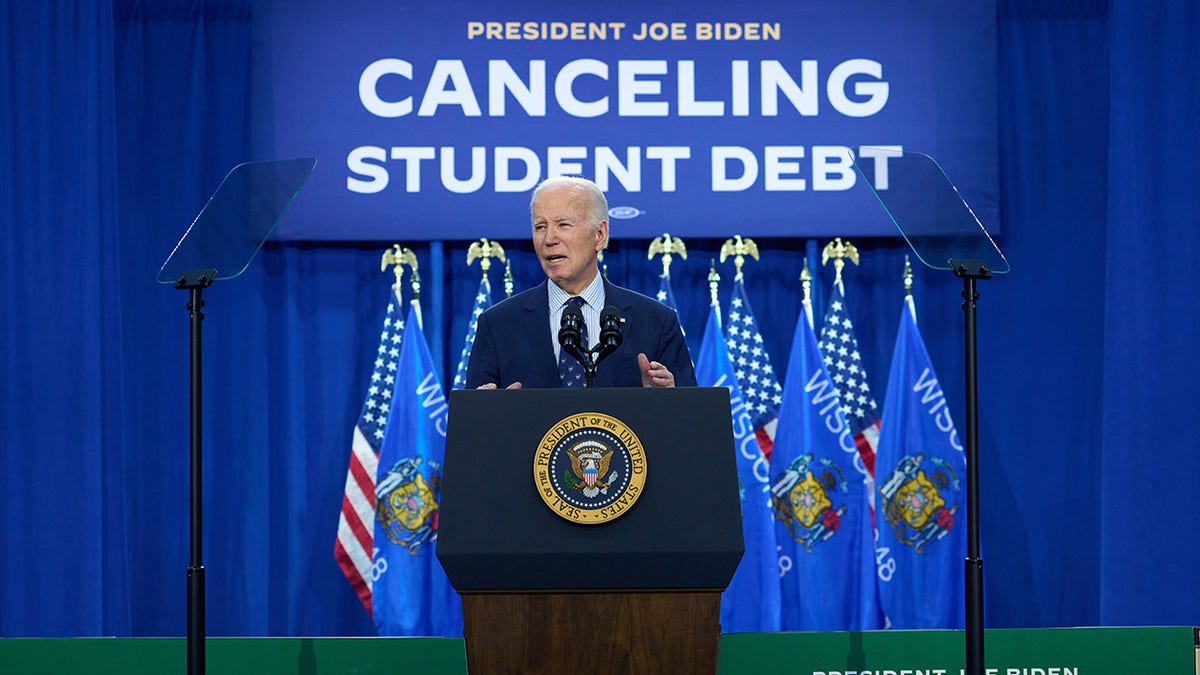 President Biden at podium at cancel student debt event