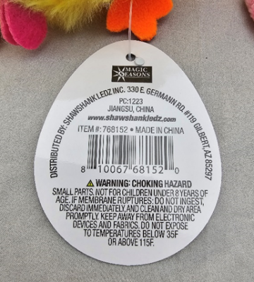 Back of removable hang tag on the recalled Easter Squeezable Toy