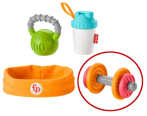 Recalled dumbbell toy sold with Fisher-Price Baby Bicep Gift Set (Model GJD49)