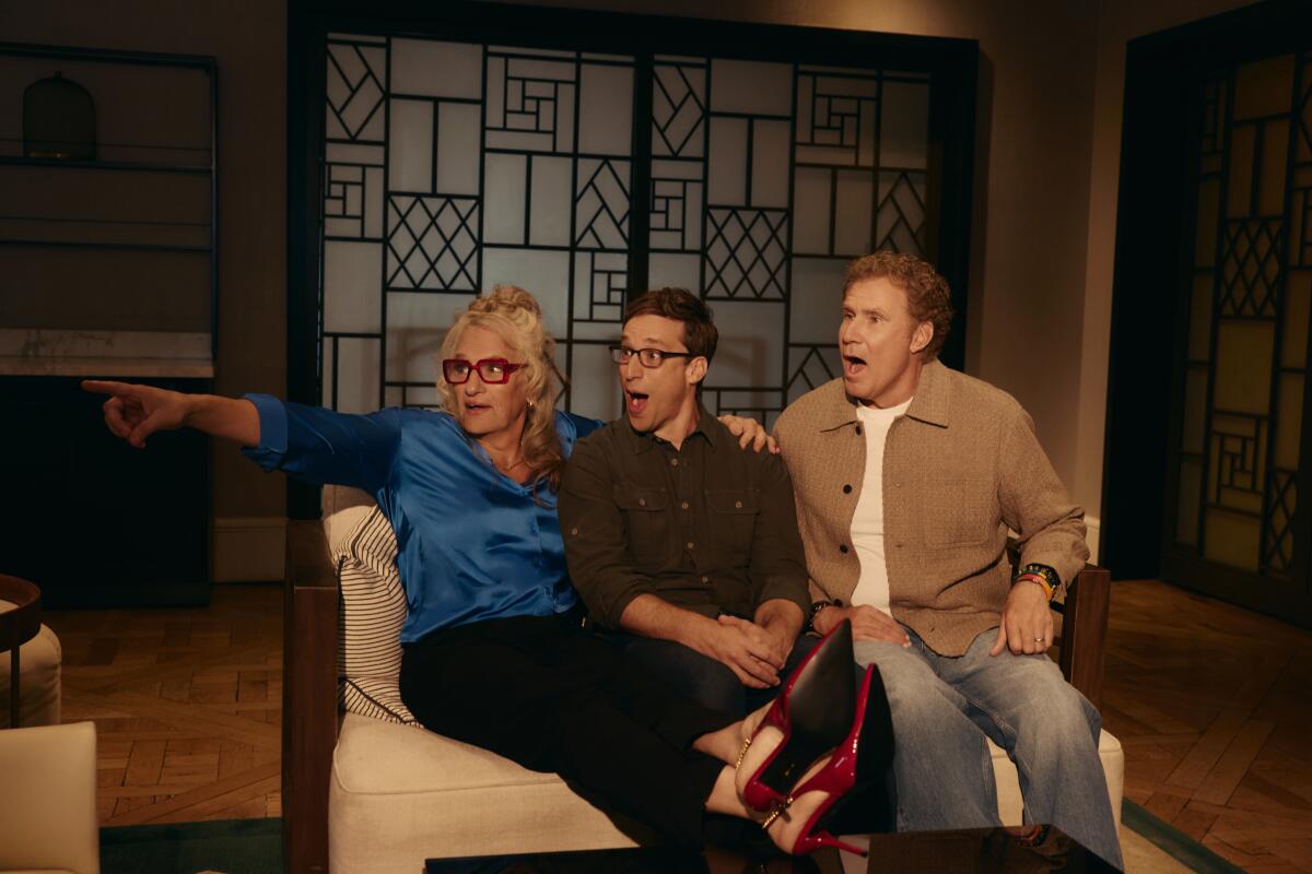 Will Ferrell, Harper Steele and Josh Greenbaum reacting to something off camera.