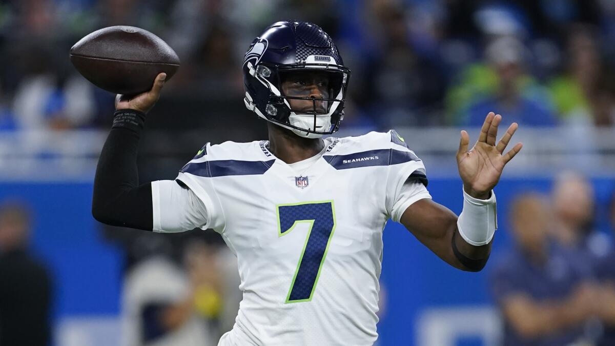 Seattle Seahawks quarterback Geno Smith (7) throws against the Detroit Lions. 