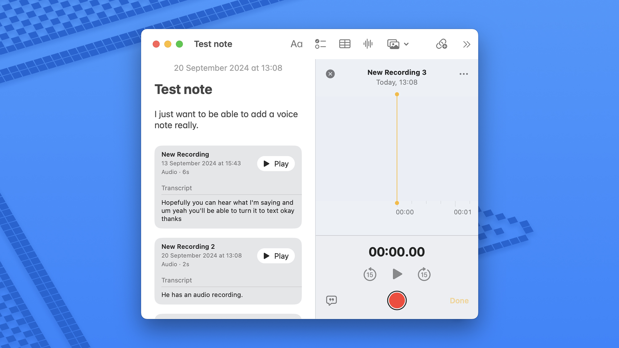 screenshot of using voice recorder in notes app