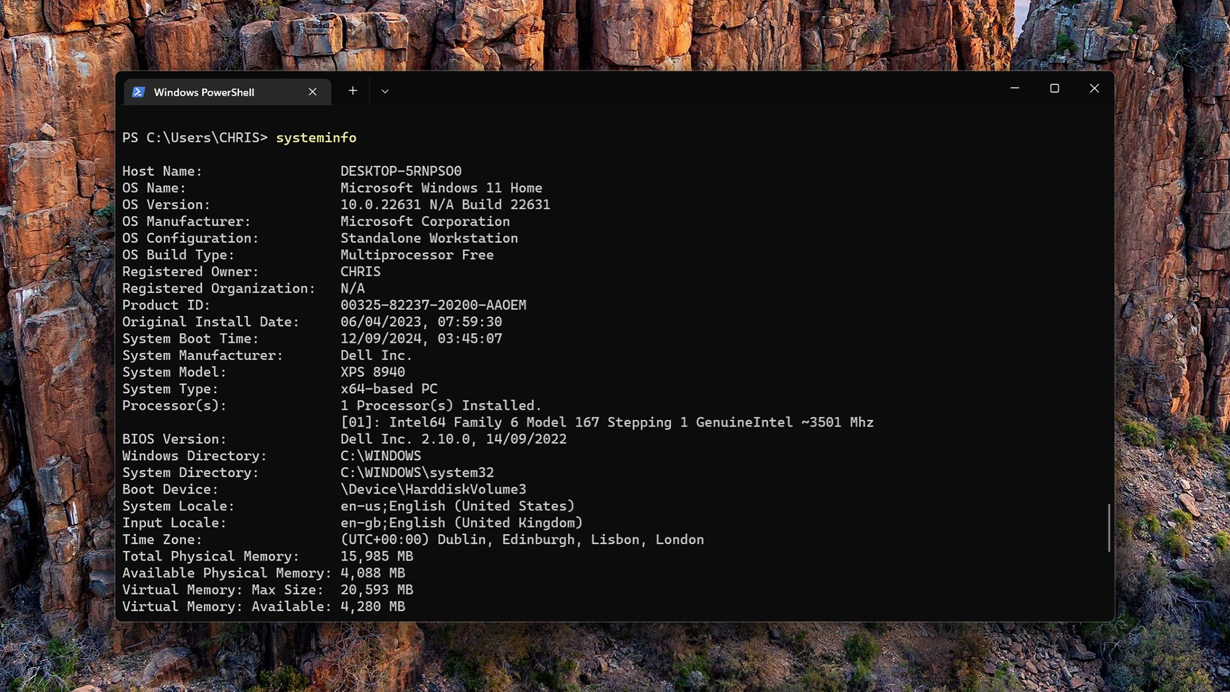 Windows Terminal window with systeminfo.