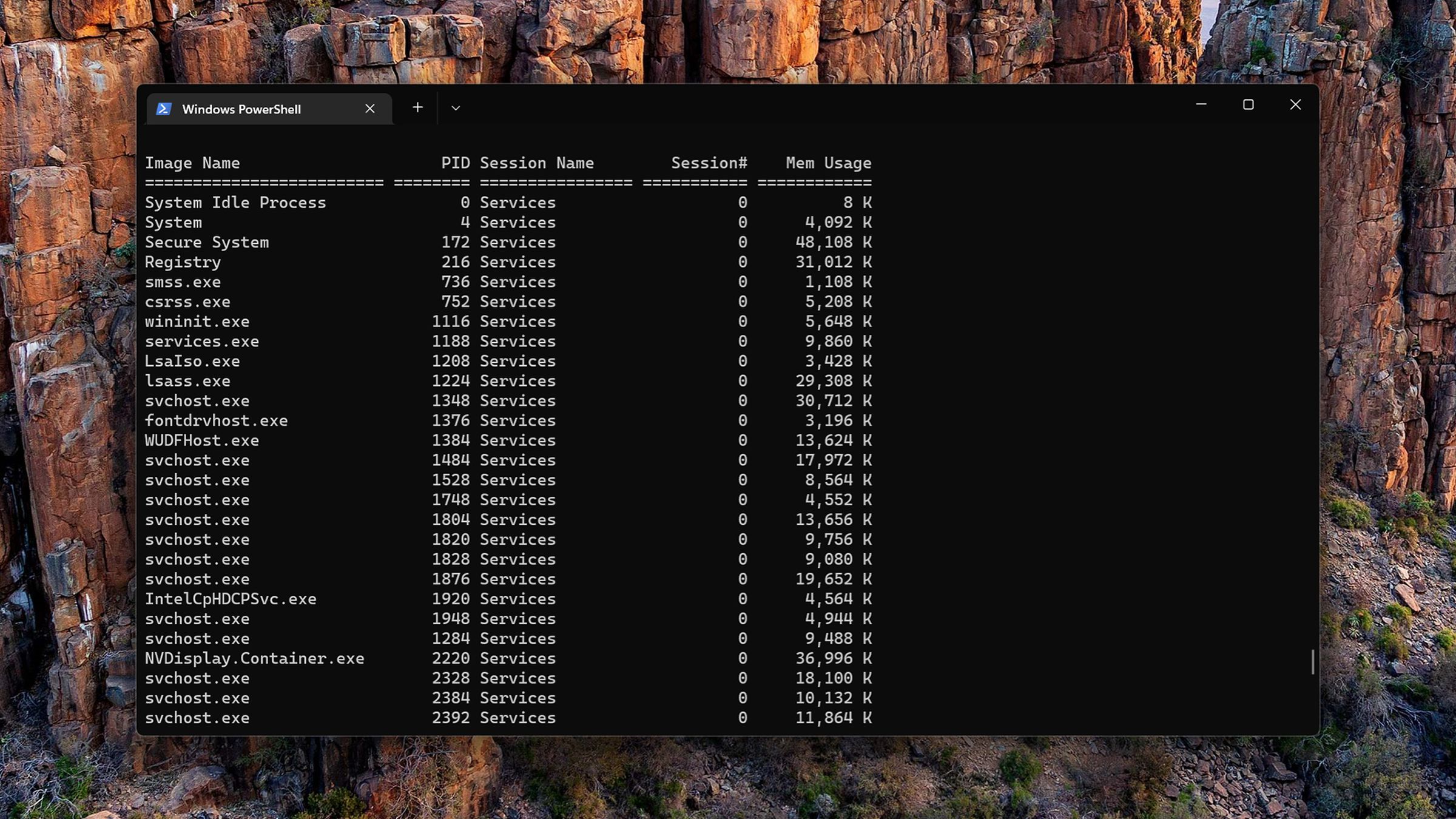 Windows Terminal window showing tasklist.