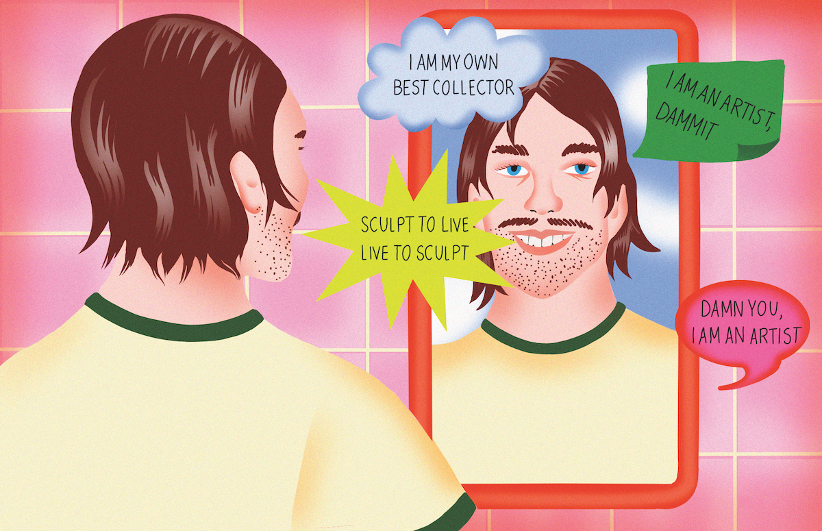 An illustration of a man looking in a mirror with thought-bubbles and post-it notes showing mantras.