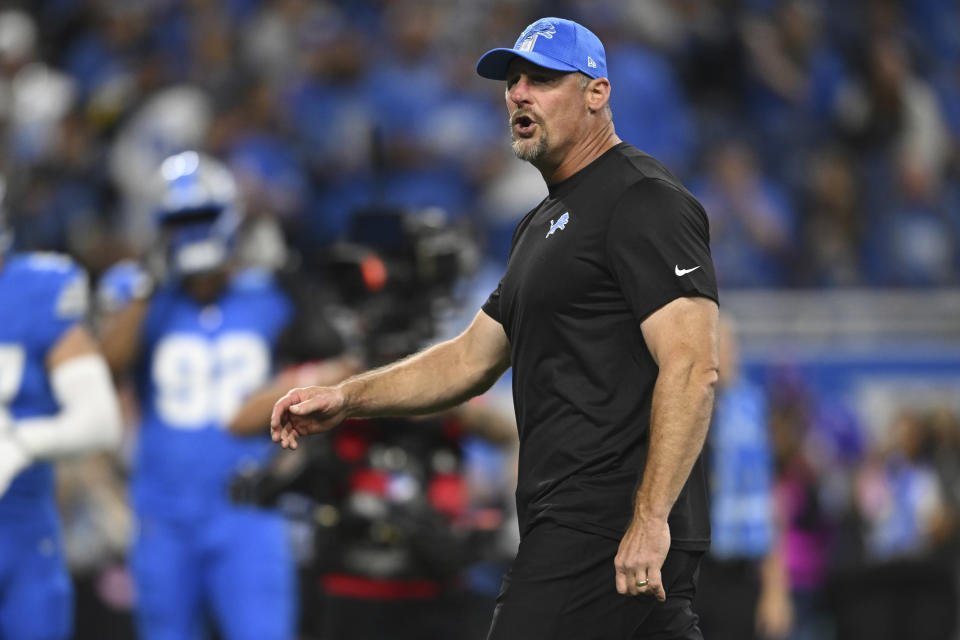 Detroit Lions head coach Dan Campbell walks on the field before an NFL football game against the Los Angeles Rams, Sunday, Sept. 8, 2024, in Detroit. The Lions won 26-20. (AP Photo/David Dermer)