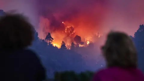 EPA Two people in the foreground are stood with their backs to the camera watching wildfire spreading in a forest in Silvares, Portugal on Friday