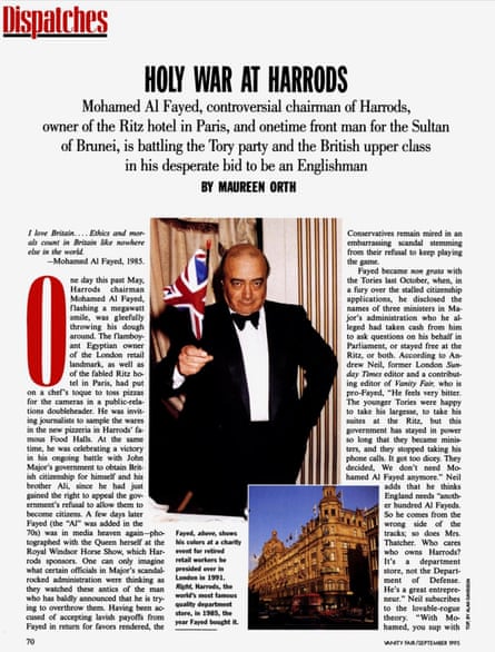 Copy of 1995 Vanity Fair article entitled “Holy War At Harrods” with a photo of him in front of a Union Jack, and a photo of the department store