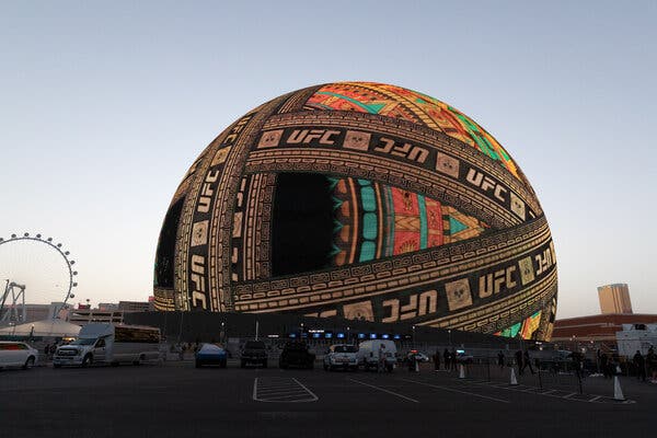 The giant Sphere, with the words UFC in stripes on it and bands of multicolor in between.  