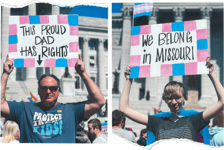 A father holds a sign in the trans flag colors that says “This proud dad has rights” with an arrow pointing down at him, while his son holds a sign that says “We belong in Missouri”