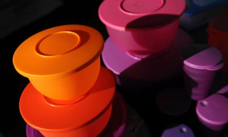 Colourful Tupperware containers stacked