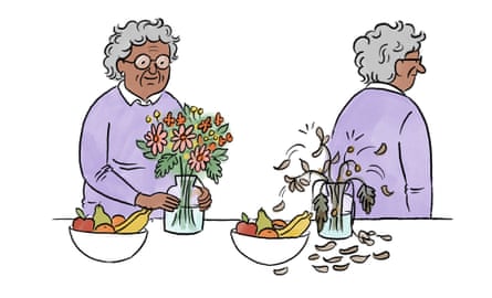 Mistakes illustration flowers and fruit bowl