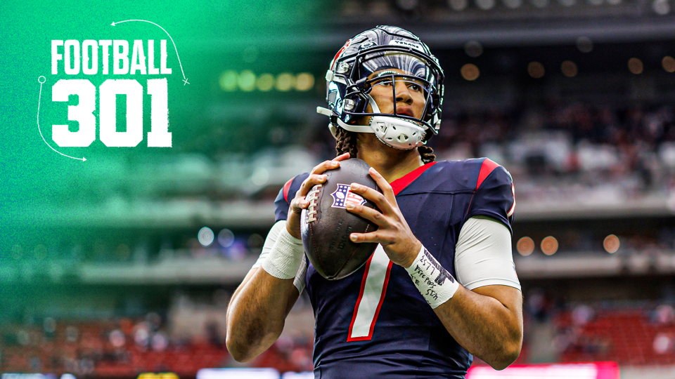 HOUSTON, TEXAS - JANUARY 13: C.J. Stroud #7 of the Houston Texans looks to throw a pass during pregame warmups before an AFC wild-card playoff football game against the Cleveland Browns at NRG Stadium on January 13, 2024 in Houston, Texas. (Photo by Ryan Kang/Getty Images)