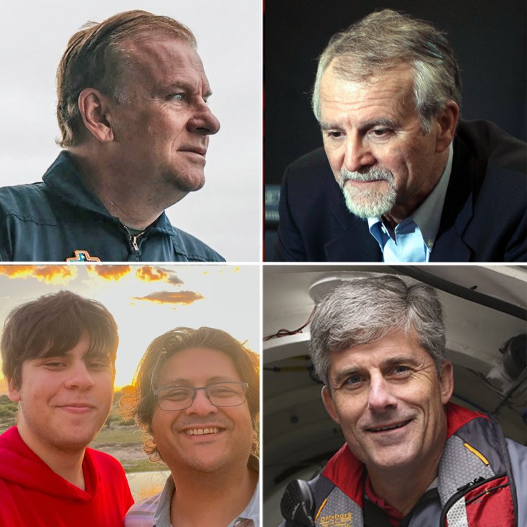 Top row: Hamish Harding,  Paul Henry Nargeolet. Bottom row: Suleman and Shahzada Dawood and Stockton Rush.