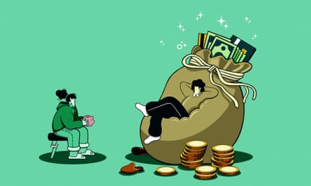 Illustration of someone leaning back on a big bag of money, with someone sitting on a stool in front of them holding a piggy bank 