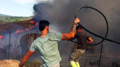 Reuters Locals try to extinguish a wildfire in Penalva do Castelo, Portugal