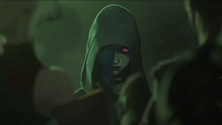 A hooded Jinx stares at someone from a dimly lit area in Arcane season 2