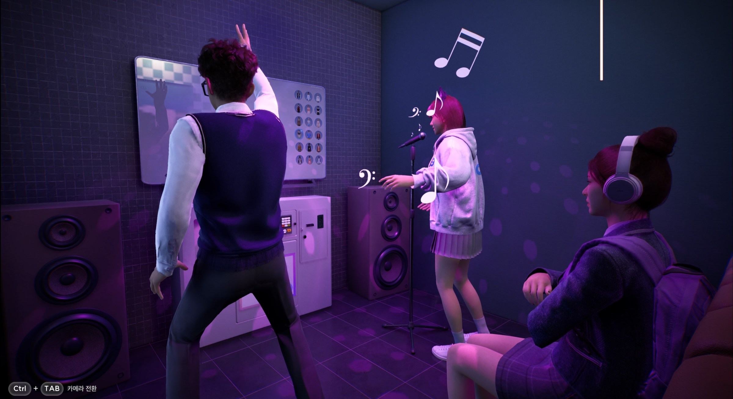 A screenshot of Inzoi shows two characters dancing while one performs karaoke