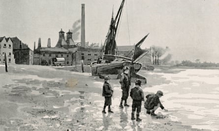 monochrome painting of children searching for items on the Thames with boat and factory in the background