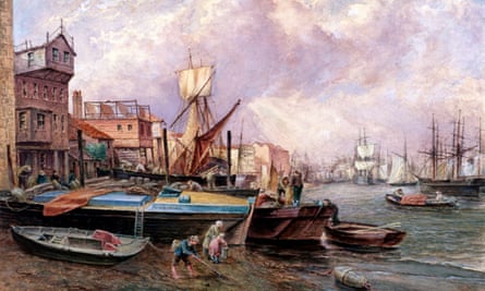 Colour painting of children searching in the mud on the Thames.