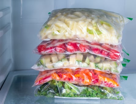 Bags of frozen vegetables in the freezer