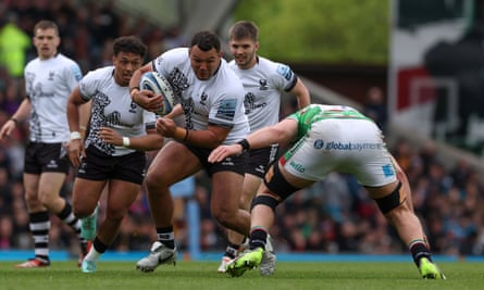 Bristol’s Ellis Genge is tackled by George Martin of Leicester in April 2024