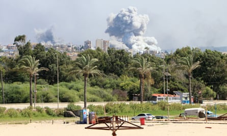 Smoke billows in the air over houses, seen beyond a row of palm trees and a beach 