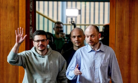 Freed Russian prisoners Ilya Yashin, Andrei Pivovarov and Vladimir Kara-Murza, from left, enter a press conference in Germany on 2 August, 2024.