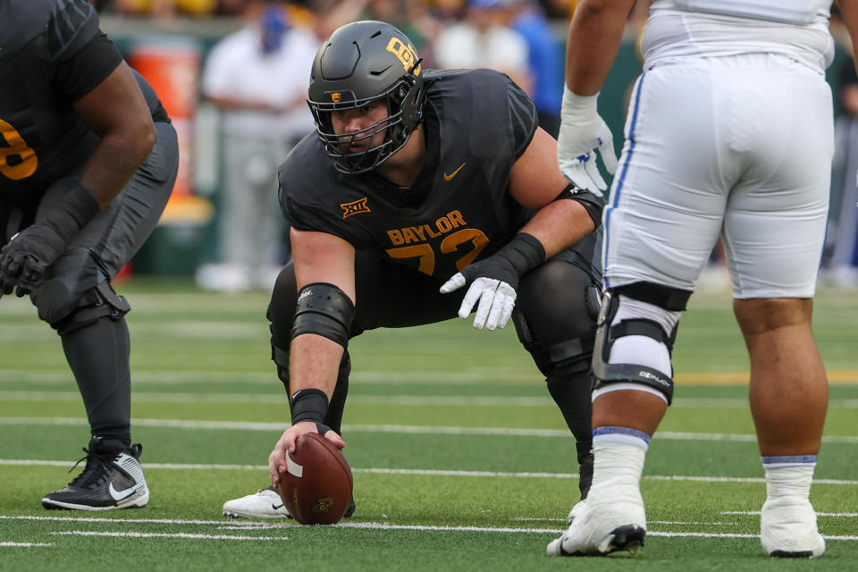 WACO, TX - SEPTEMBER 14: Baylor Bears offensive lineman Coleton Price (72) prepares for play during the college football game between Baylor Bears and Air Force Falcons on September 14, 2024, at McLane Stadium in Waco, TX.  (Photo by David Buono/Icon Sportswire via Getty Images)