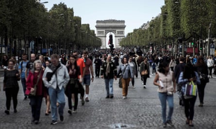 Pedestrians on the Champs-Élysées during “day without cars” in Paris in September 2016