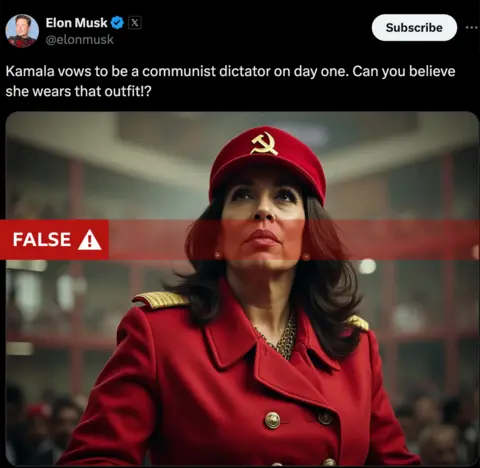 X/AI-generated image Screengrab of an Elon Musk post on X which reads: "Kamala vows to be a communist dictator on day one. Can you believe she wears that outfit!?" The text is accompanied by an image appearing to show Kamala Harris wearing red uniform including a cap with a hammer and sickle on it. BBC text superimposed on the top reads "false"