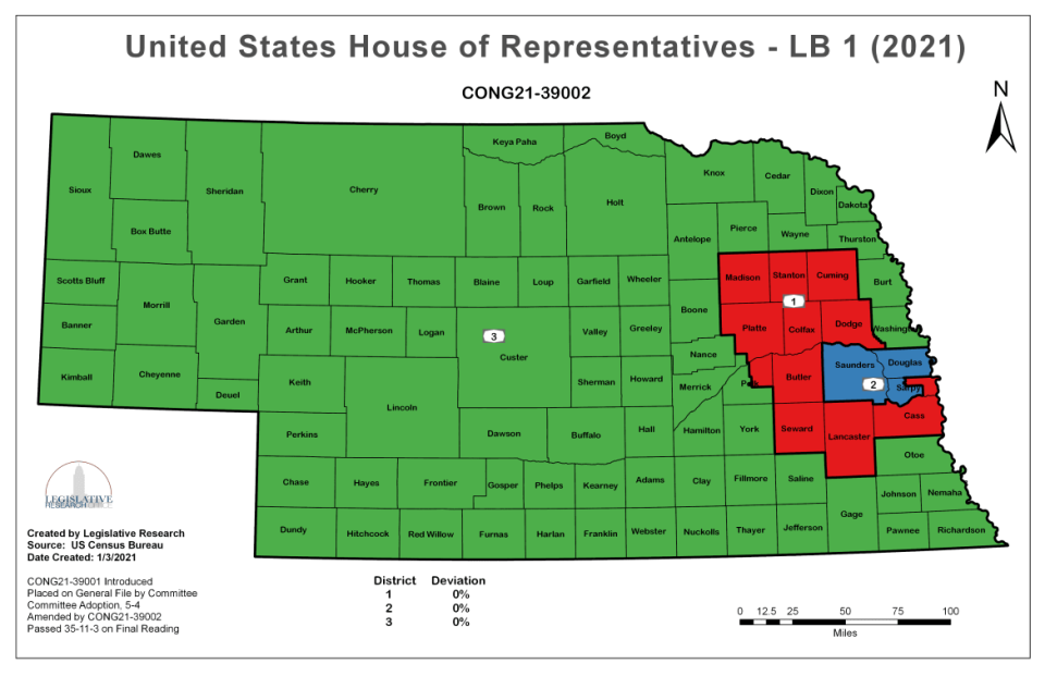 Map showing Nebraska’s three congressional districts.