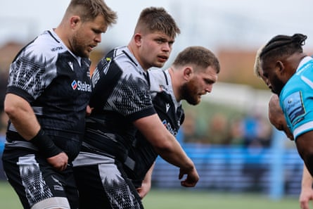 Newcastle’s Jamie Blamire gets set for a scrum against Sale in April.