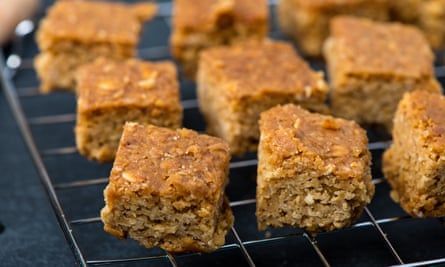 Flapjacks cooling on a baking rack