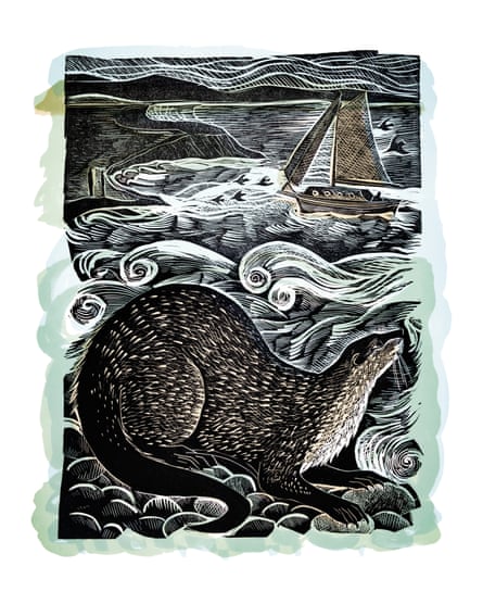 A linocut print of an otter sorrounded by waves and rocks with a yacht, Windsong, behind it.