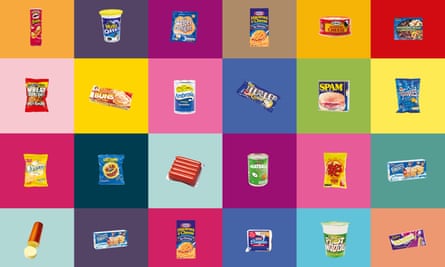 Illustration showing popular brands of UPFs including crisps, cookies and instant noodles