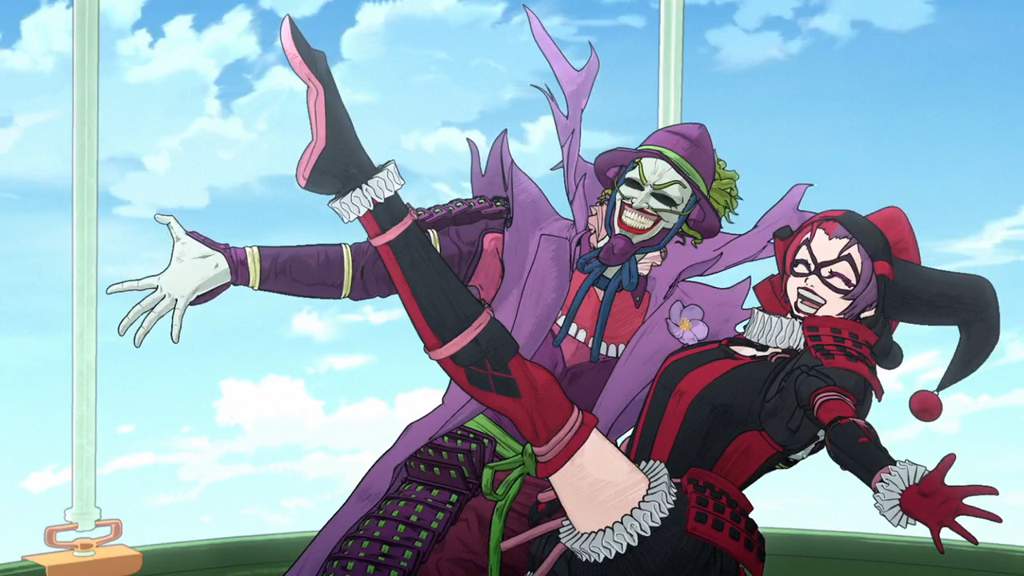 Joker and Harley Quinn posing in feudal Japanese attire and posing together in Batman Ninja.